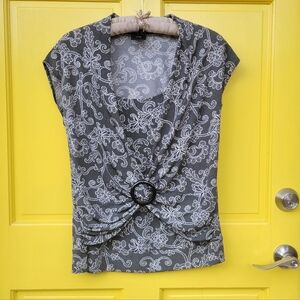 J.T.B. Black White Lace Print Ruched Buckle Top Y2K Stretch Blouse